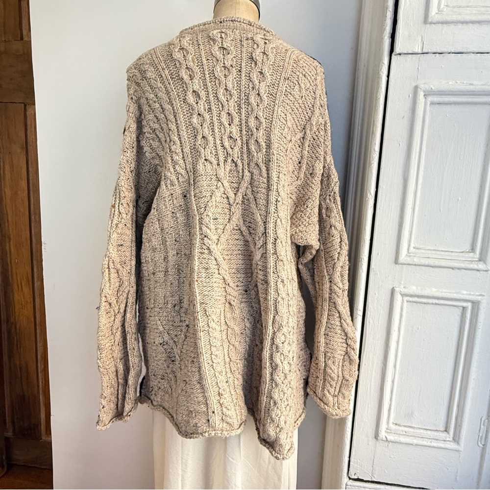 Blarney Irish Woollen Mills Fisherman Brown Tan checked Aran cable knit sweater - Picture 10 of 11